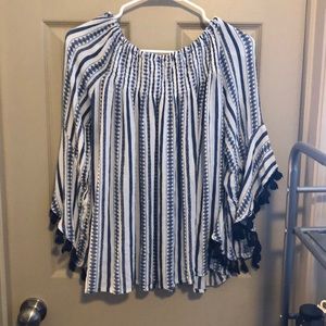 Blue and white off the shoulder blouse